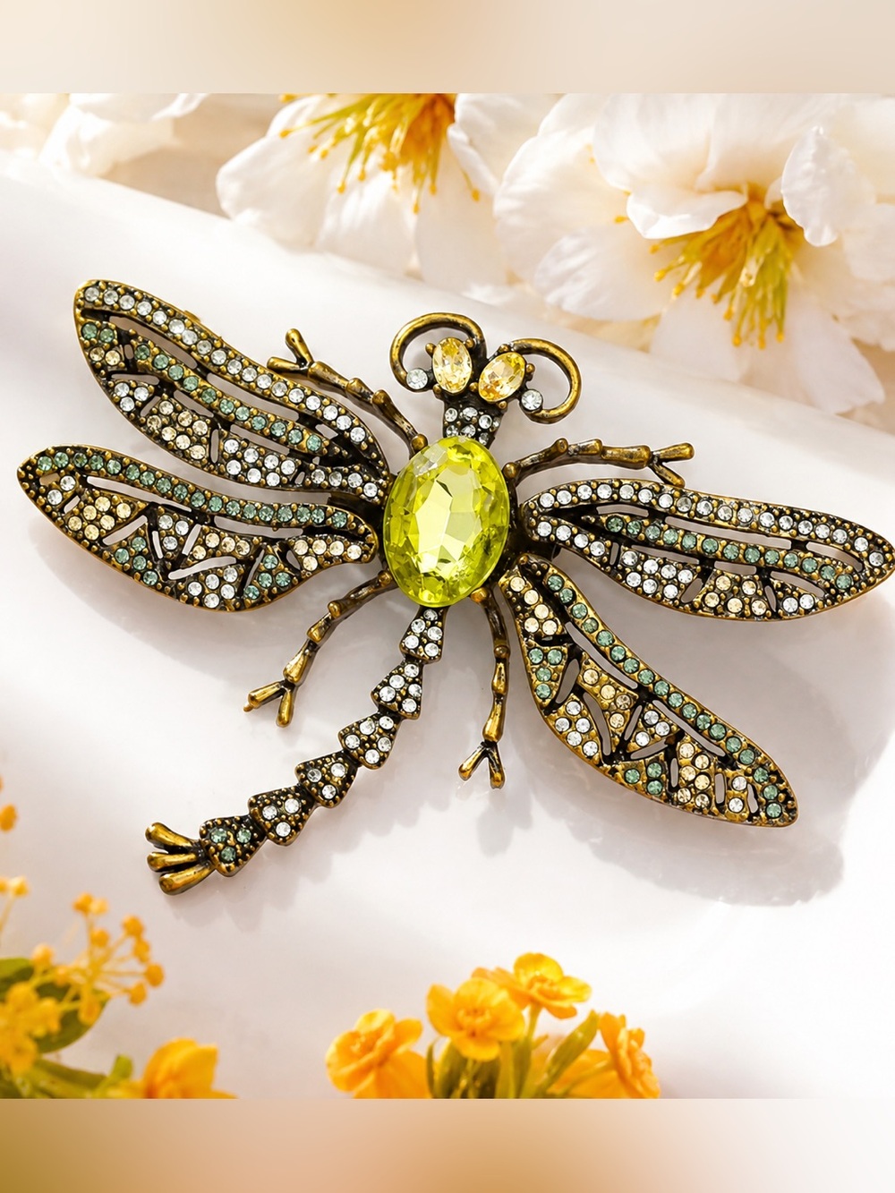 Crystal Dragonfly Brooch Gold Rhinestone Statement Pin, Green Gem Insect Brooch